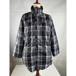 Free Country Womens Reversible Jacket Sz M Black Plaid Stand-Up Collar Full Zip